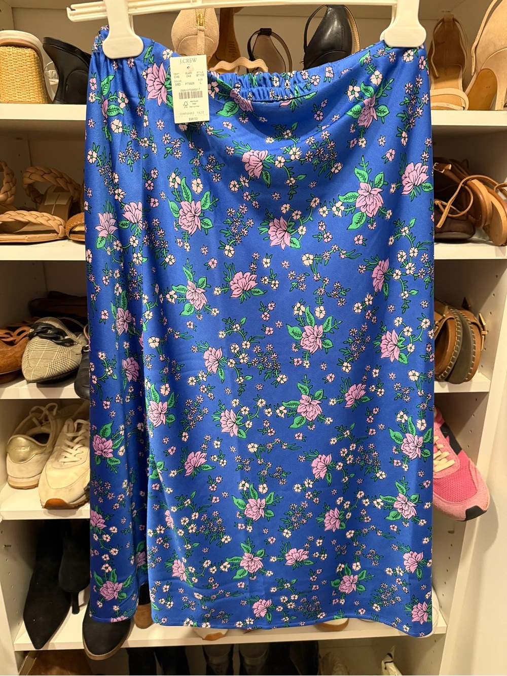 J. Crew silk Blue Midi Skirt with Pink Floral Print